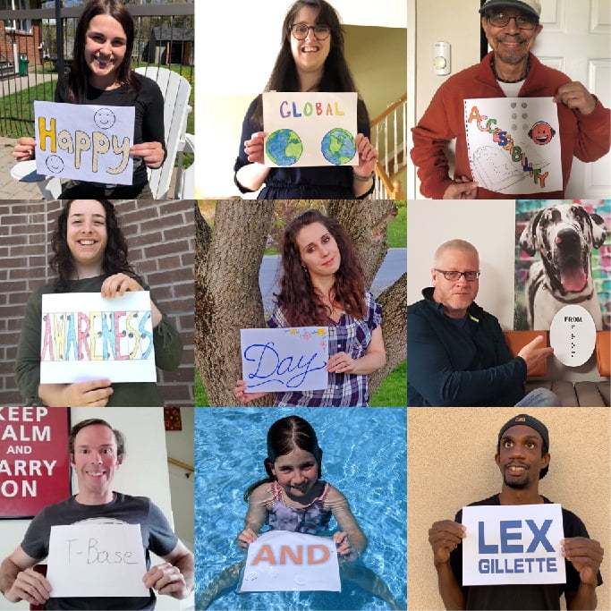Collage of T-Base team and Lex Gillette holding paper signs that spells out the phrase “Happy Global Accessibility Awareness Day From T-Base And Lex Gillette”